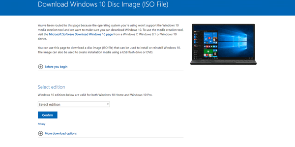 Directly download Windows 10 ISO from Microsoft