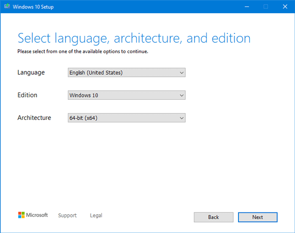 select the language, architecture, and edition to download Windows 10 ISO using Media Creation Tool