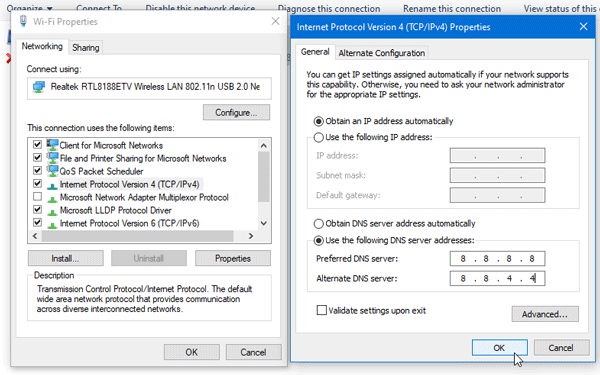 change preferred dns server on windows 10